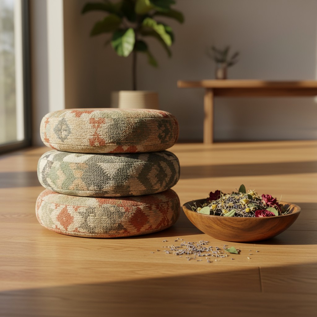 Des coussins de souris colorés sur une table pliante, près d'un bol de fleurs sèches. Le lieu est sombre, il y a une grand...