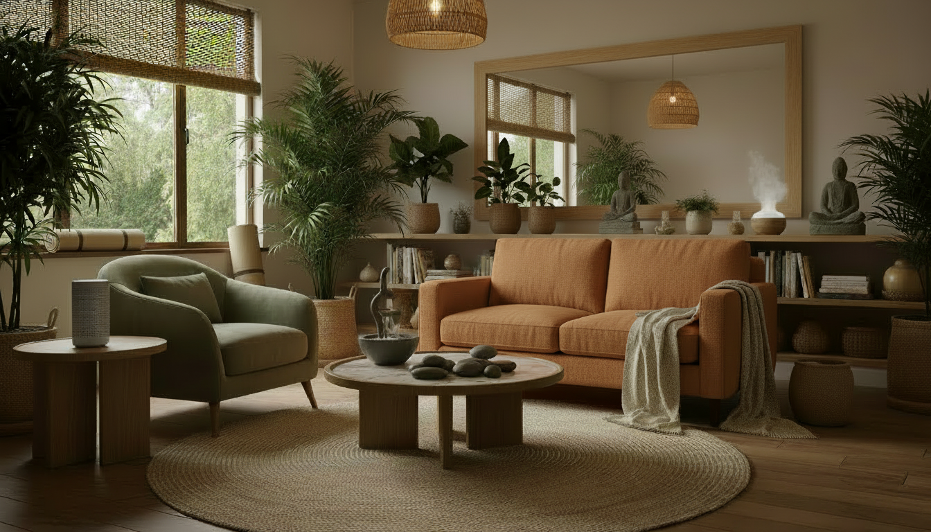 changer la couleur du canapé sur l'image pour une teinte orangée, terracotta