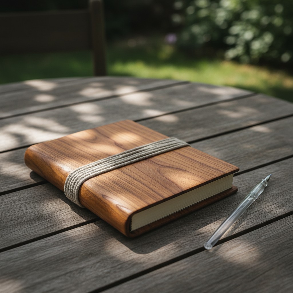 Une photo d'un livre et d'un stylo sur une table extérieure.