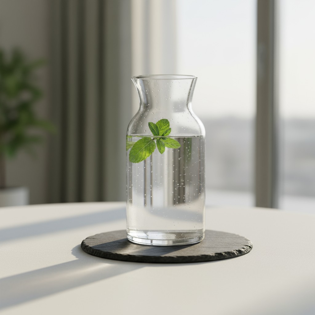 Glass carafe filled with water and garnished with fresh mint leaves, set on a black slate coaster.