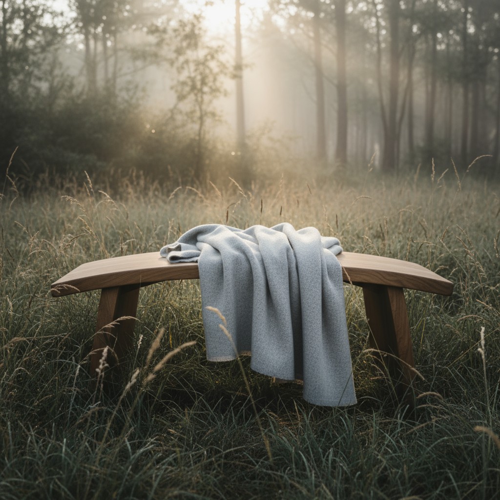 A bench stands in a dense, grassy field, its wooden structure partially obscured by a light grey blanket draped over its c...