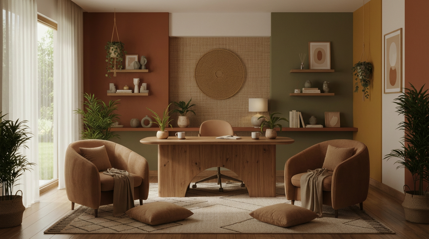 Un bureau accueillant, chaleureux et cosy pour deux personnes, aux couleurs chaudes et apaisantes, dans l'esprit de l'image du deuxième bloc (coaching bien-être), aspect zen et inspirant, ambiance travail mais relax, sans cheminée.